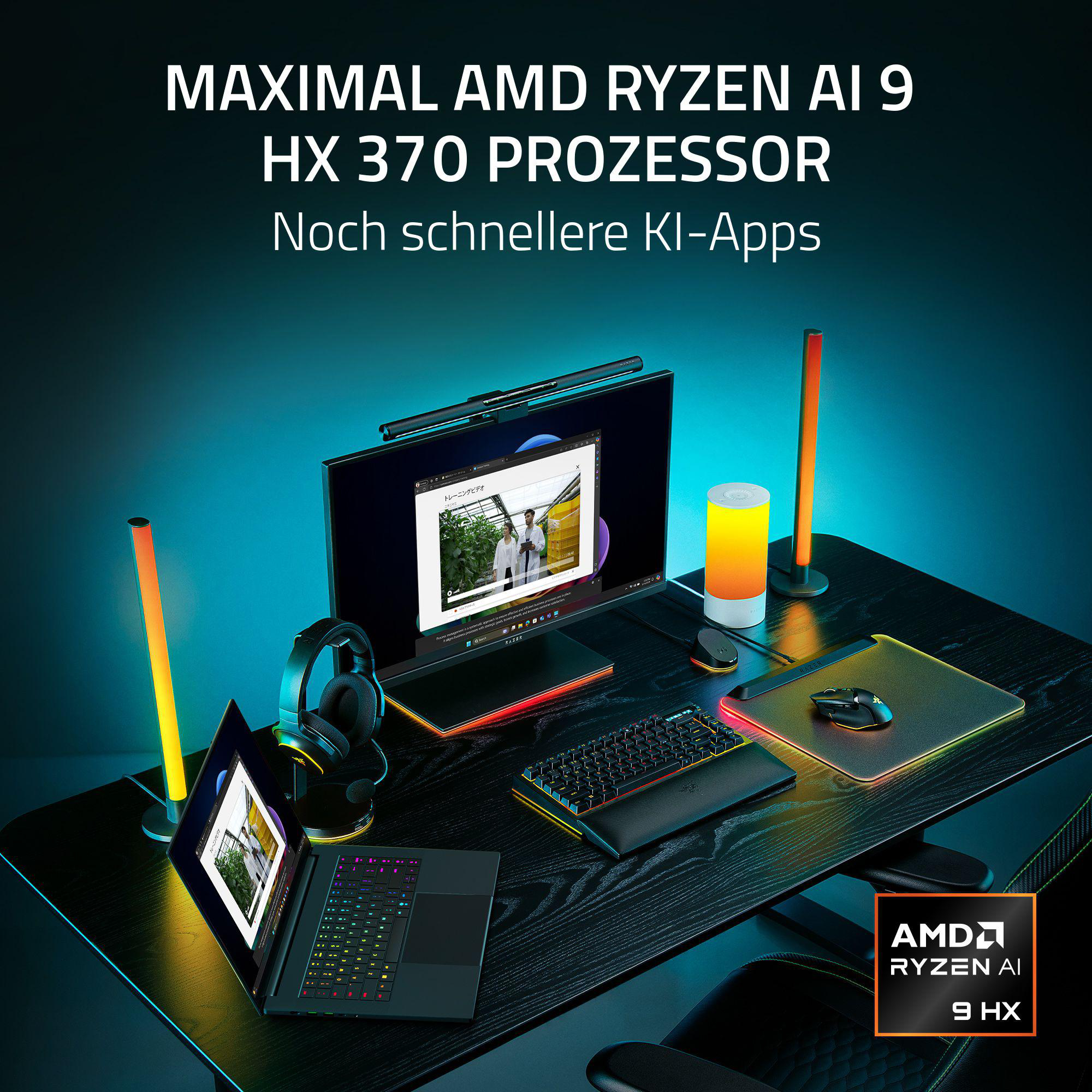 Ein Schreibtisch-Setup mit Laptop, Monitor, Tastatur, Maus und Lampen, mit Text über AMD Ryzen AI.