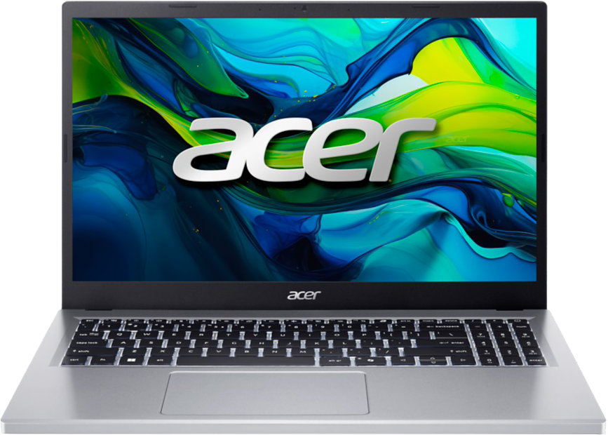 Ezüst Acer laptop. Fekete billentyűzet, ezüst touchpad. Acer logó a képernyőn.