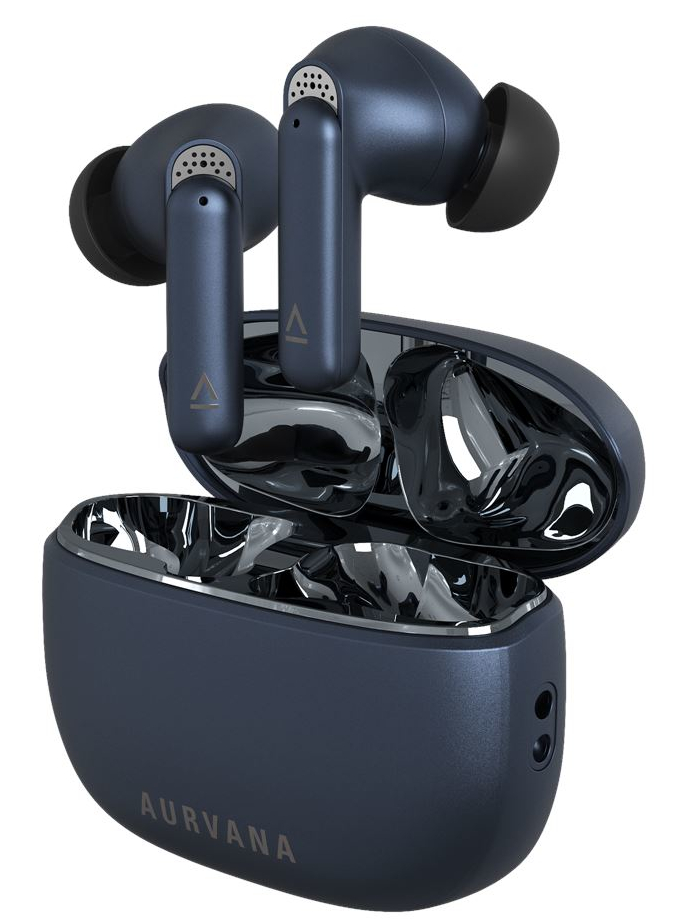 Słuchawki w etui ładującym, niebieskie i srebrne.