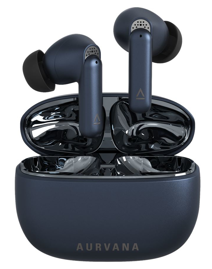 Niebieskie bezprzewodowe słuchawki Aurvana w etui ładującym na białym tle.