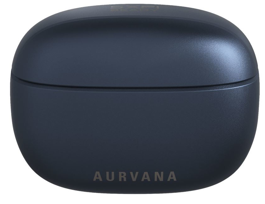 Ciemnoniebieskie, owalne etui na słuchawki z napisem 'AURVANA'.