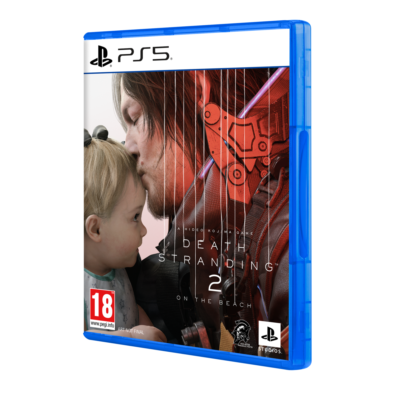 PS5 game case van 'Death Stranding 2' met een man die een baby kust, blauwe case.