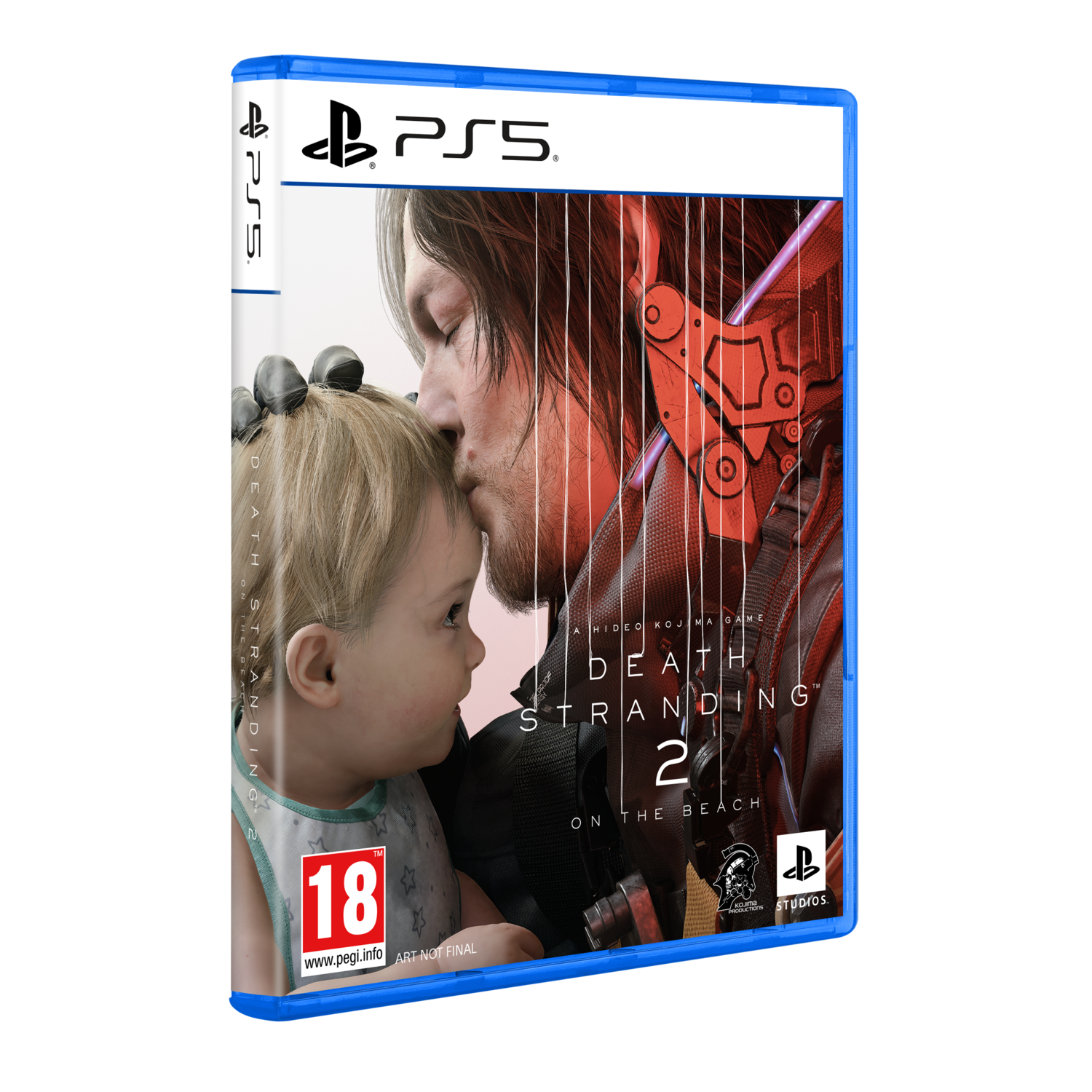 PS5-gamebox voor Death Stranding 2, met een man die een baby kust.