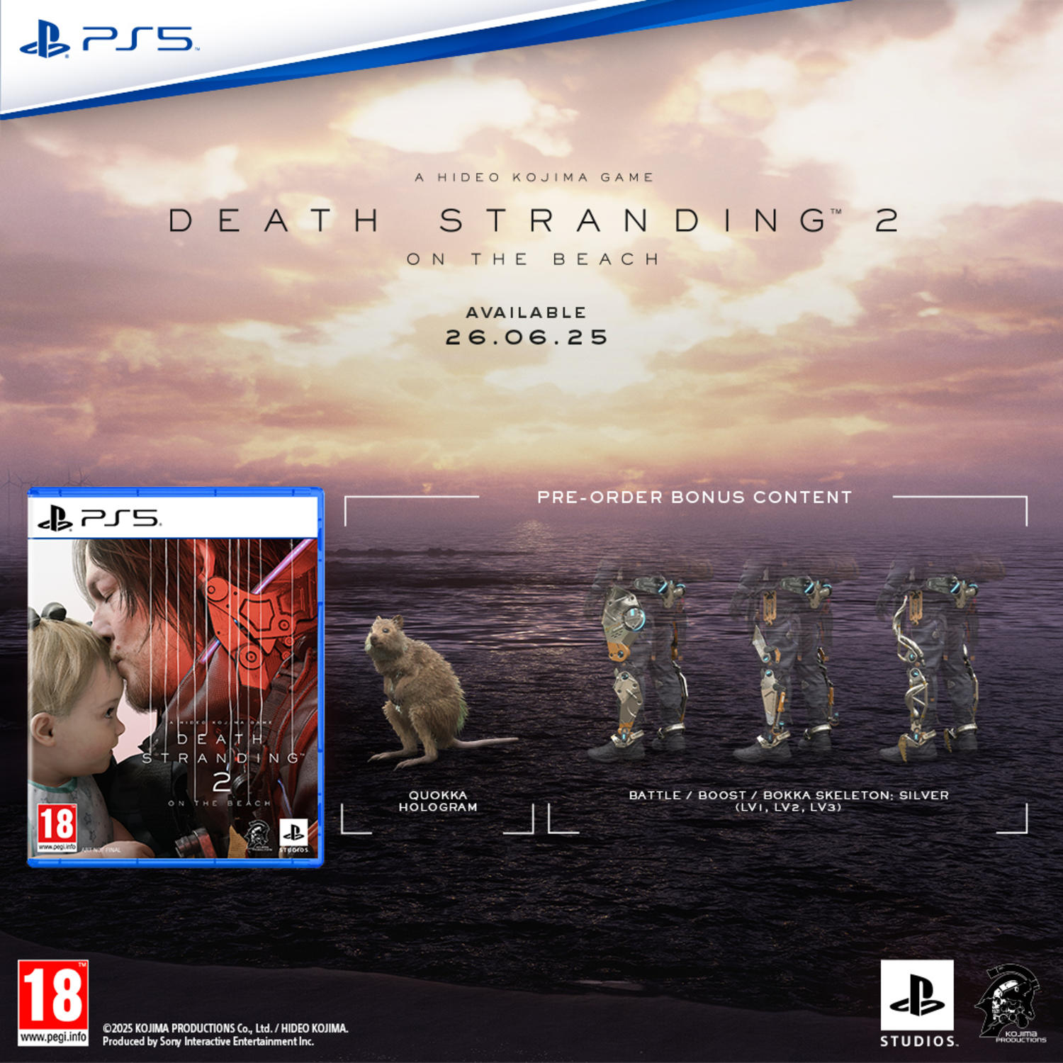 Een gamebox voor Death Stranding 2, met game-art, personages en details over de pre-order bonuscontent.