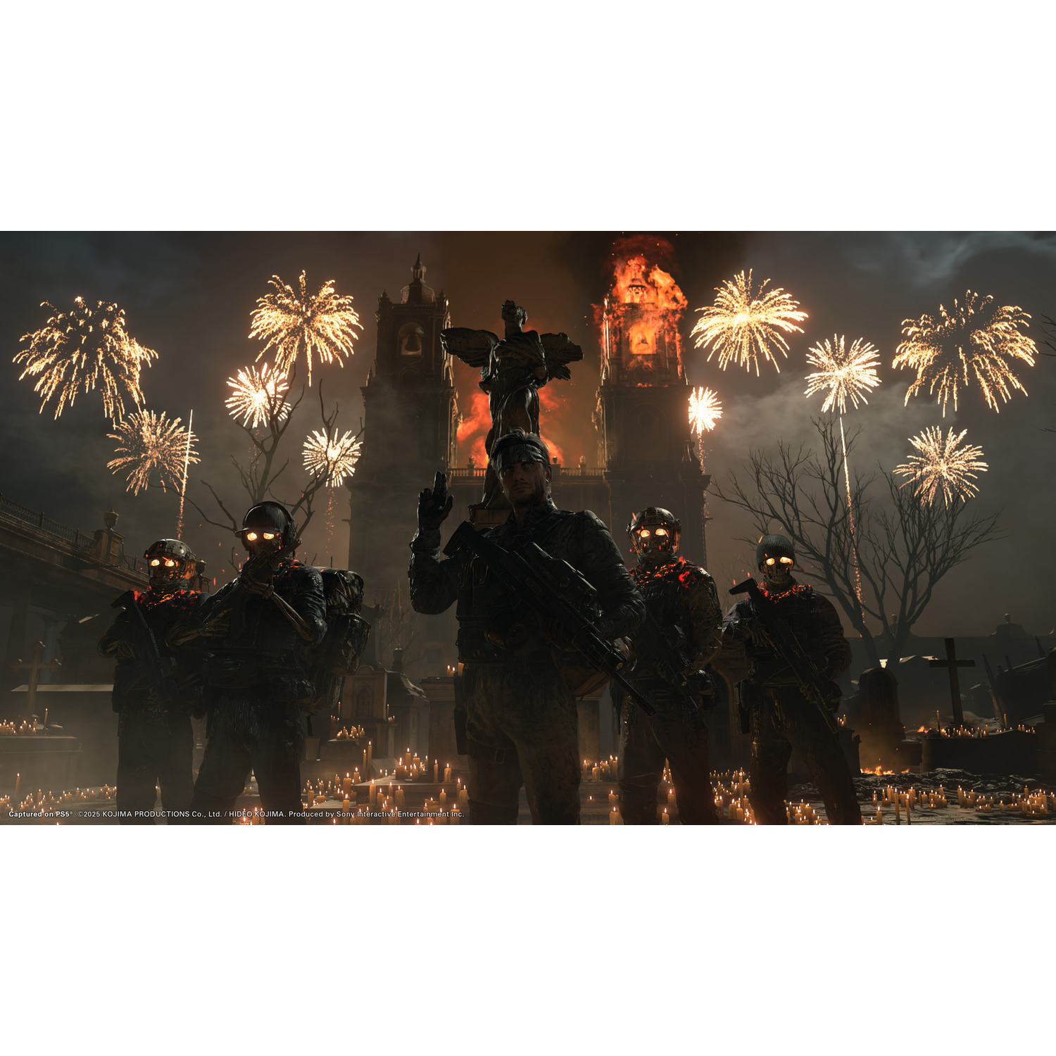 Een groep soldaten met lichten op helmen, tegen een achtergrond van vuurwerk en vuur.