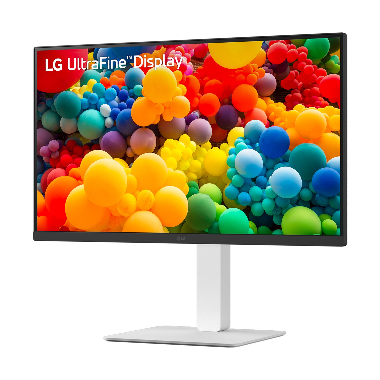 Display LG UltraFine con blob colorati. Supporto bianco. Cornice nera. Sfondo bianco.