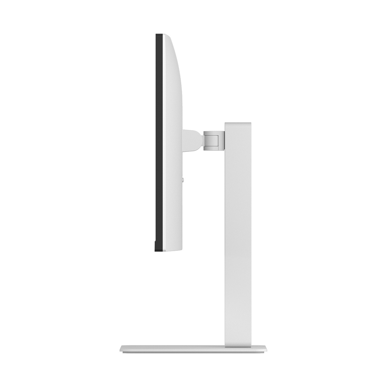 Vista laterale di un monitor di computer bianco, con schermo nero e supporto bianco.