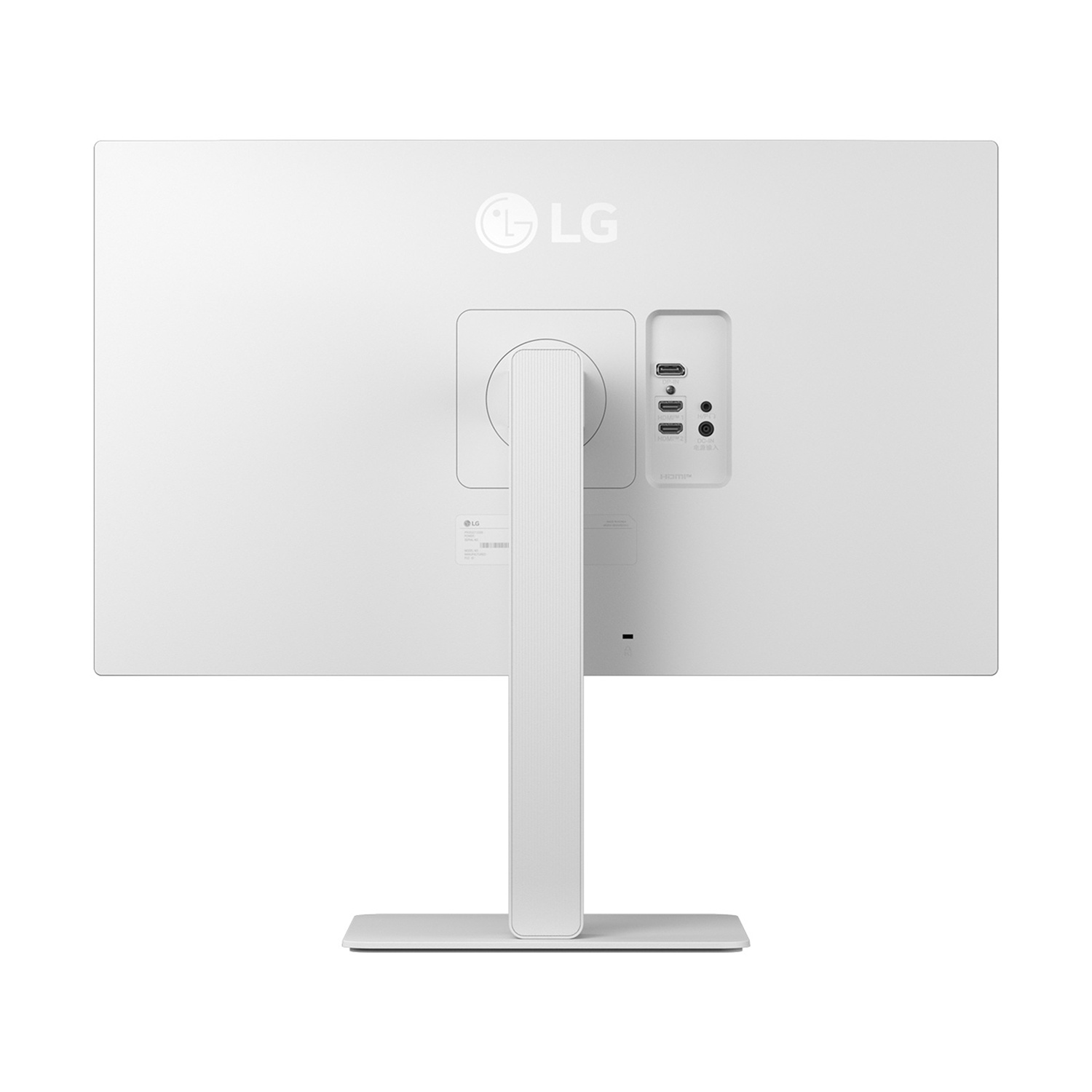 Monitor del computer bianco, vista posteriore, con porte e supporto. Il supporto è bianco e ha una base quadrata.