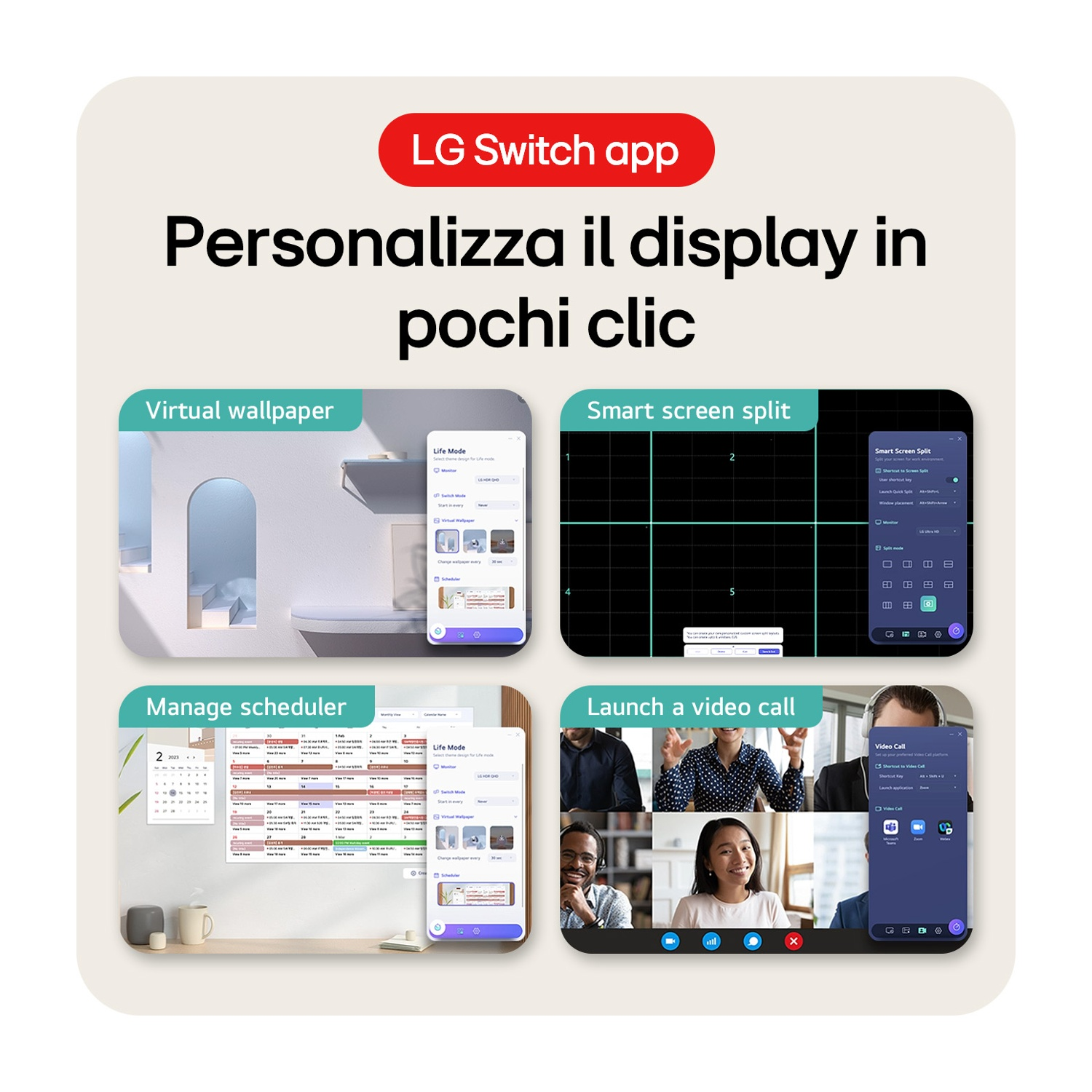 Interfaccia dell'app LG Switch. Mostra sfondo virtuale, schermo diviso intelligente, gestore pianificatore.