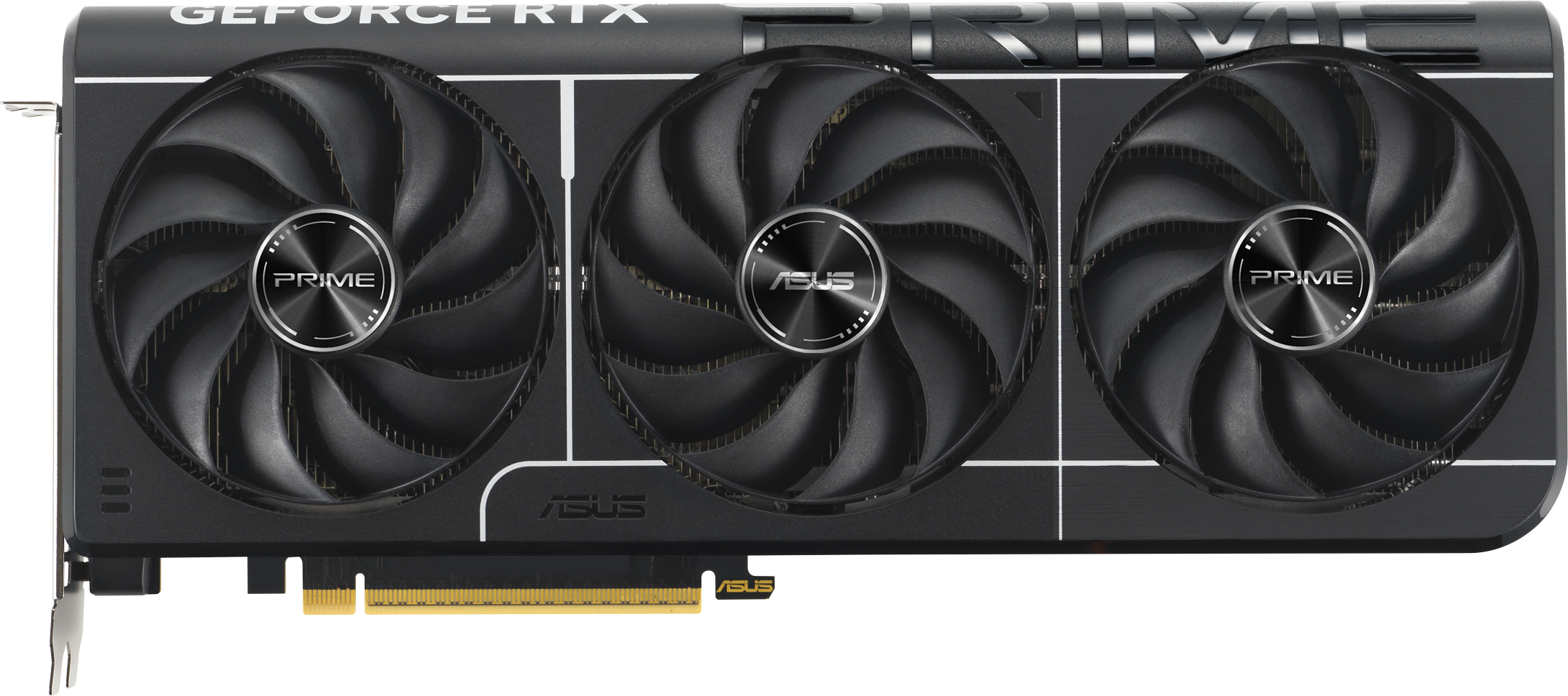 Schwarze GPU mit drei Lüftern und Prime-Logo.