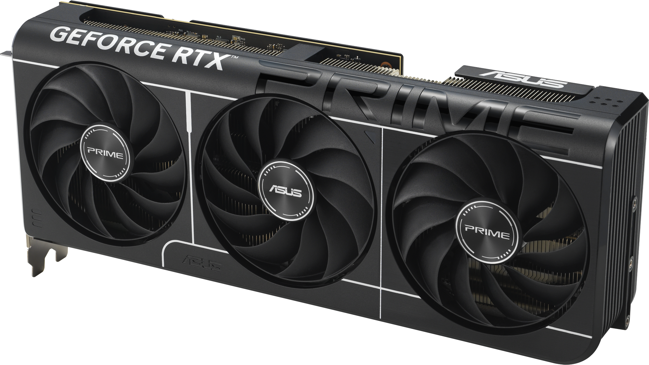 Eine schwarze ASUS Prime GeForce RTX Grafikkarte mit drei Lüftern. Die Karte ist angewinkelt.