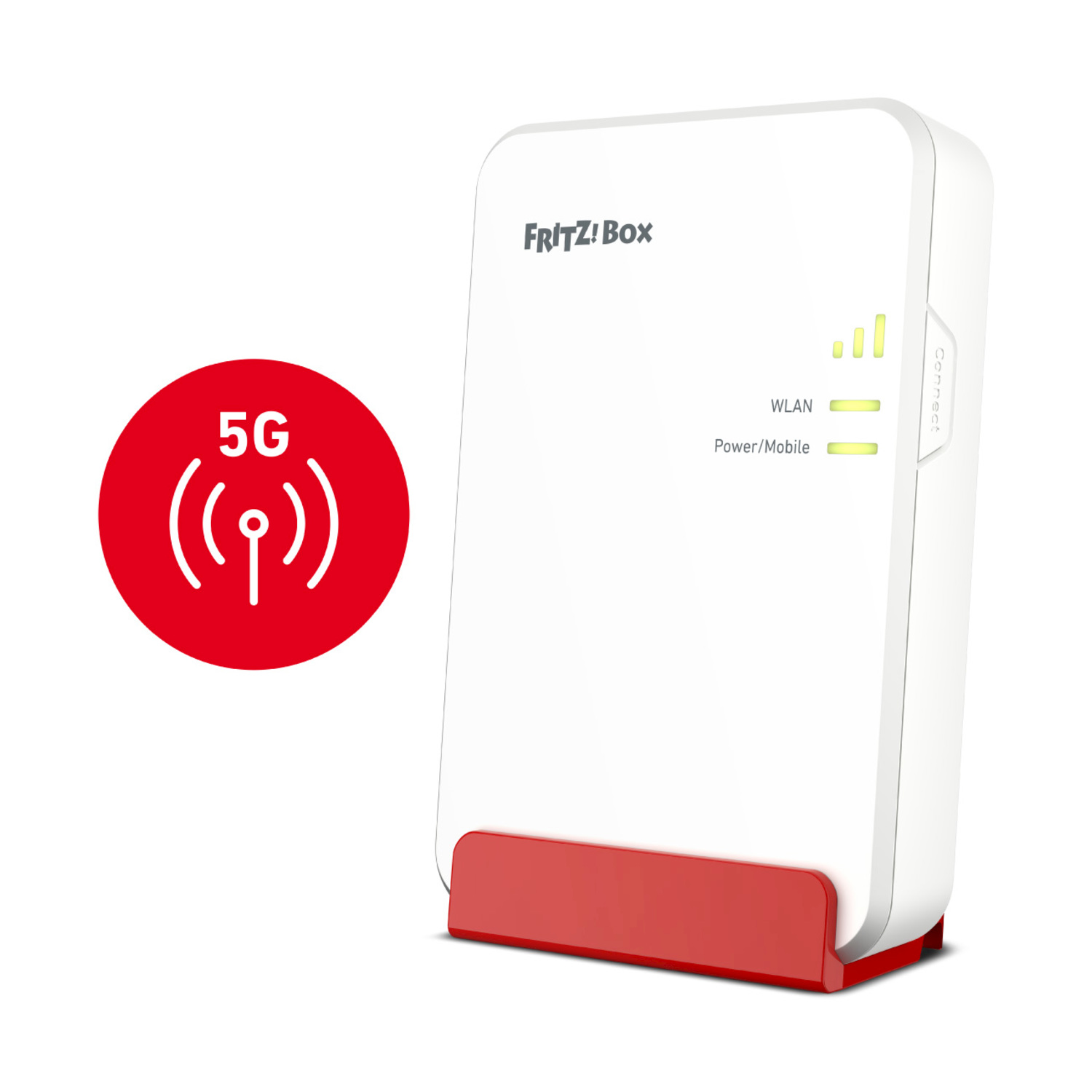 Un router 5G bianco con una base rossa e il simbolo 5G.