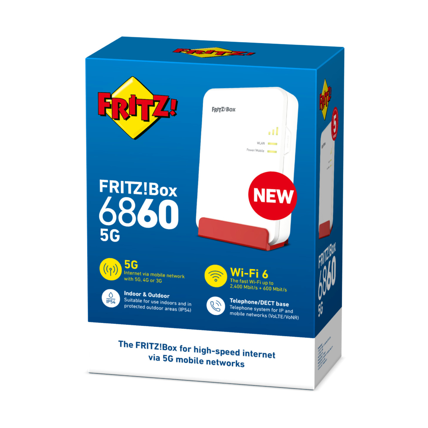 Una scatola di router Frit!Box 6860 5G bianca e rossa con etichette Wi-Fi 6 e 5G.