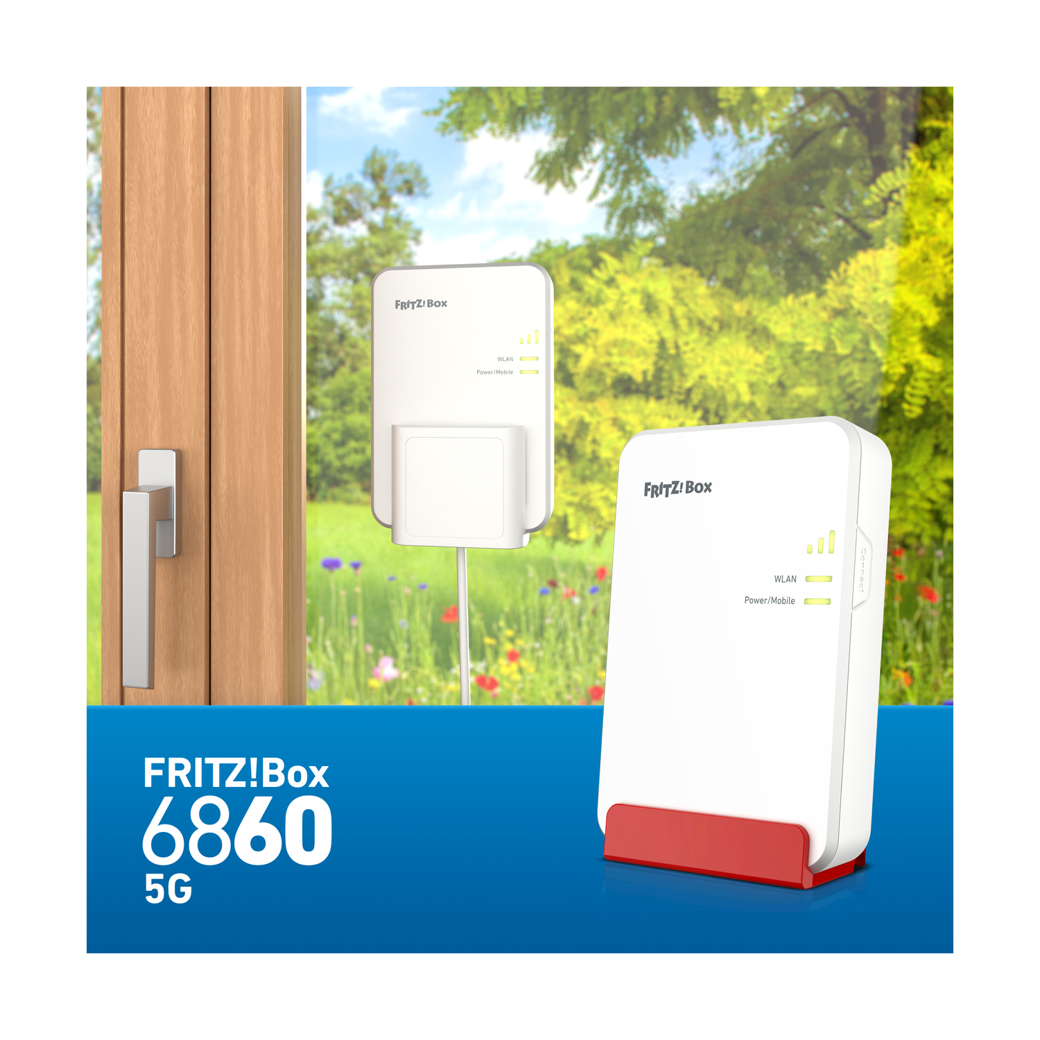 Router e ripetitore FRITZ!Box 6860 5G bianchi, con sfondo verde.