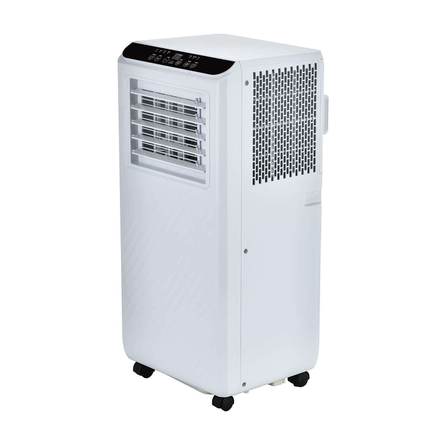 Condizionatore portatile bianco su ruote. È un dispositivo alto, rettangolare, con prese d'aria e comandi.