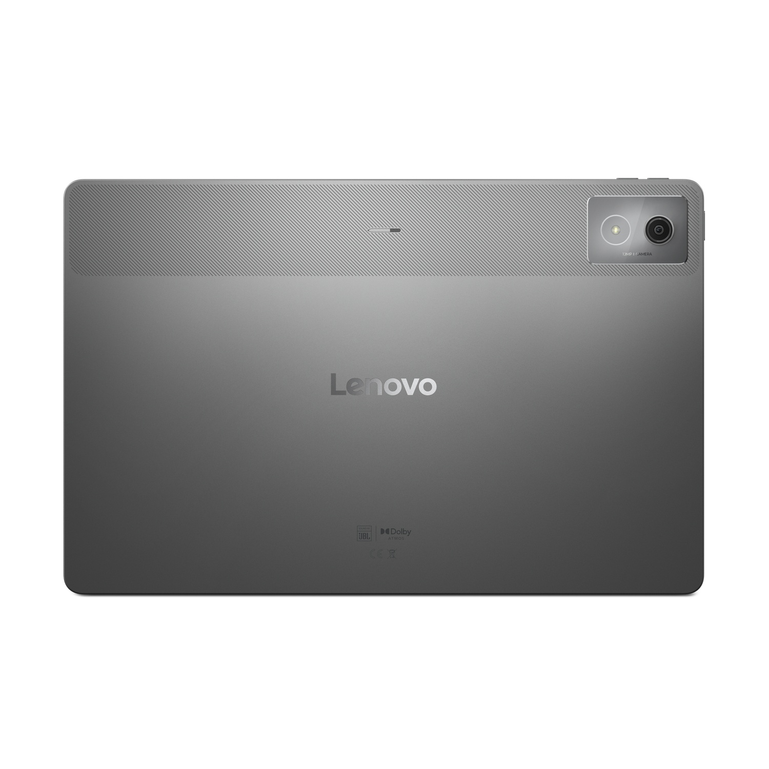 Back of a grey Lenovo tablet. The Lenovo logo is visible at the bottom.