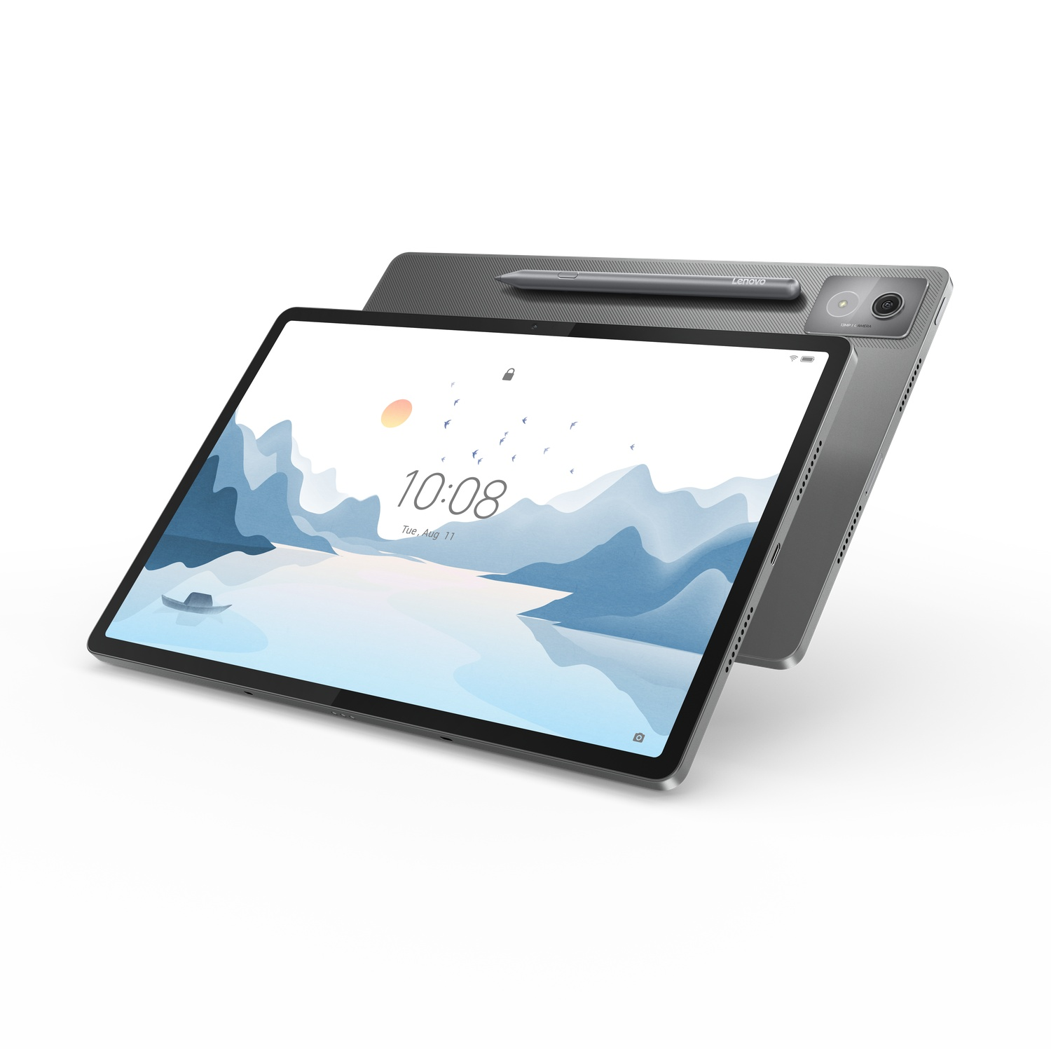 A tablet with Lenovo logo and a stylus pen on a white background.