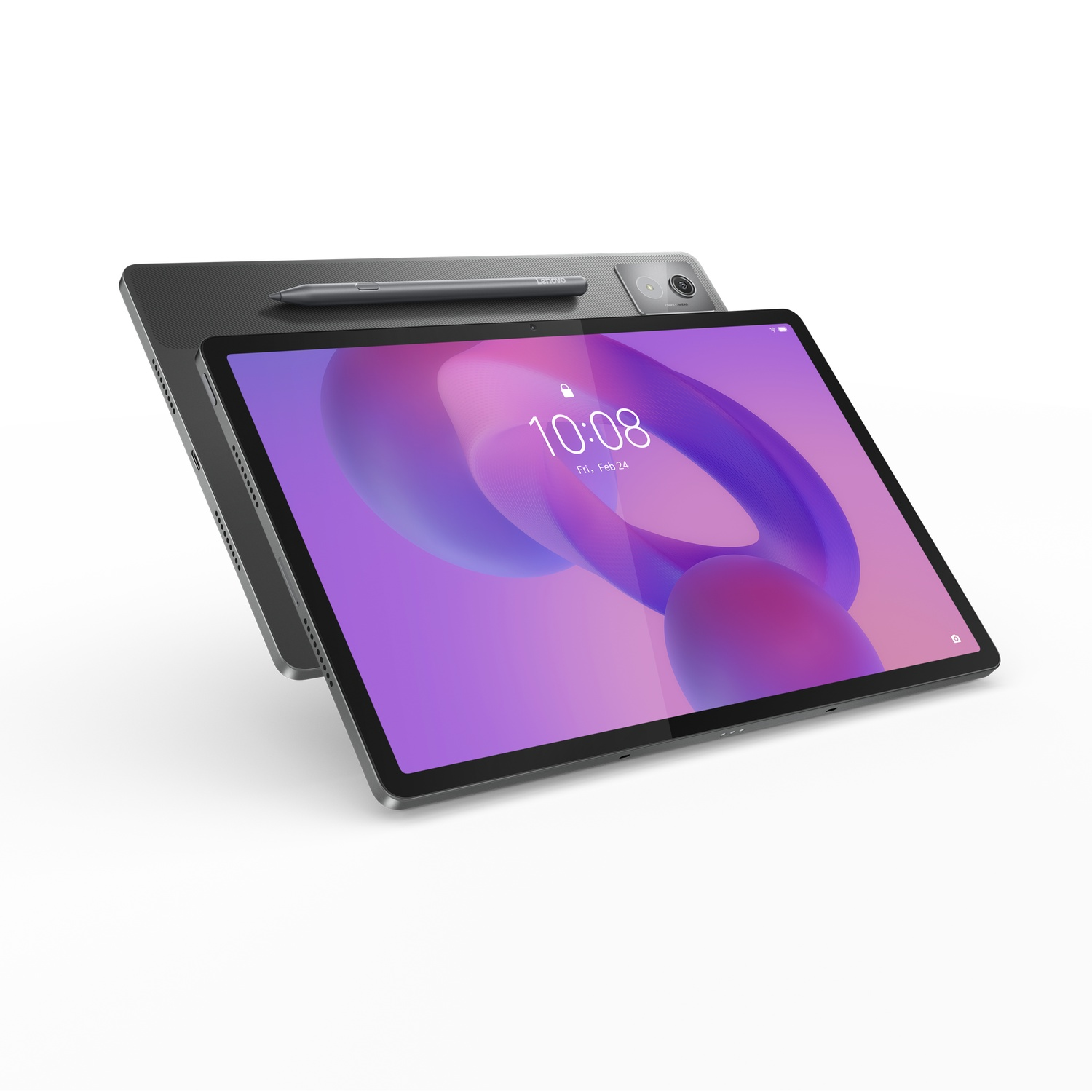 Tablet with stylus, showing time and date. Tablet is black and gray. Leaning on a white background.