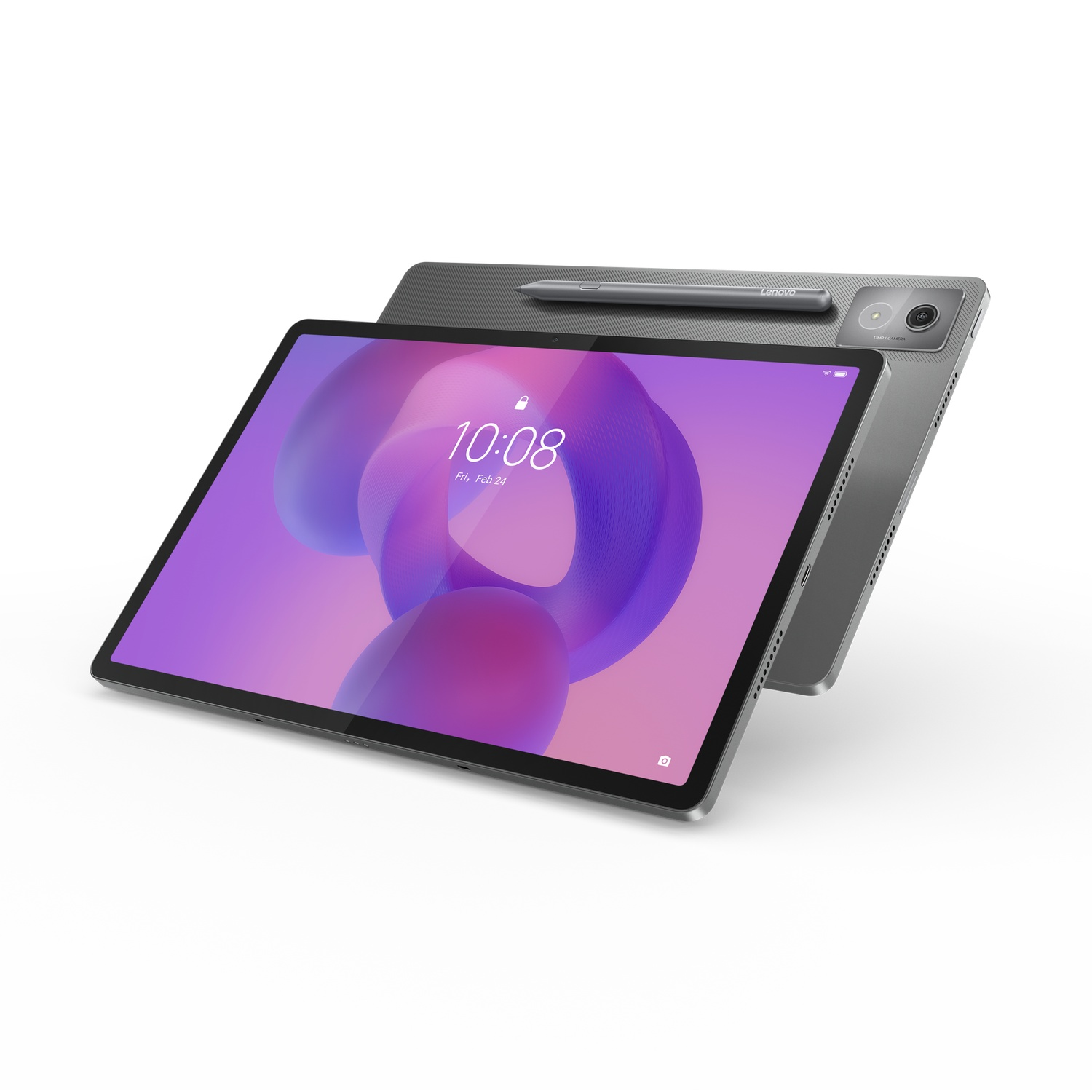 A gray tablet with a stylus on a white background.