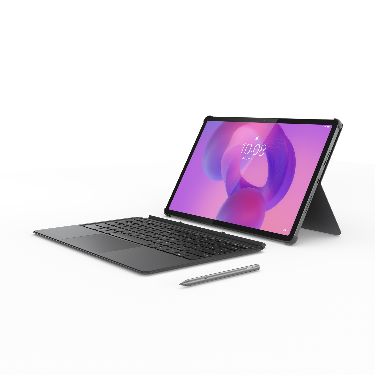 Tablet with keyboard and stylus on white. Tablet shows a colorful display. Keyboard is black.