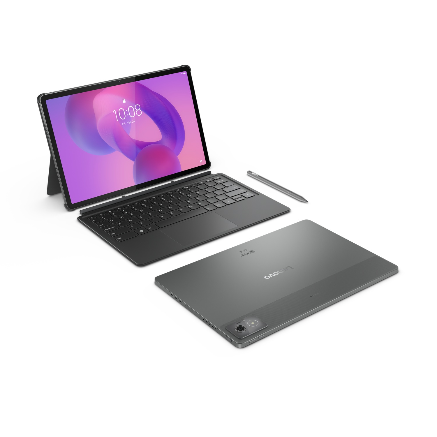 Tablet and keyboard. The tablet is gray with a pink/purple screen. The keyboard is black.