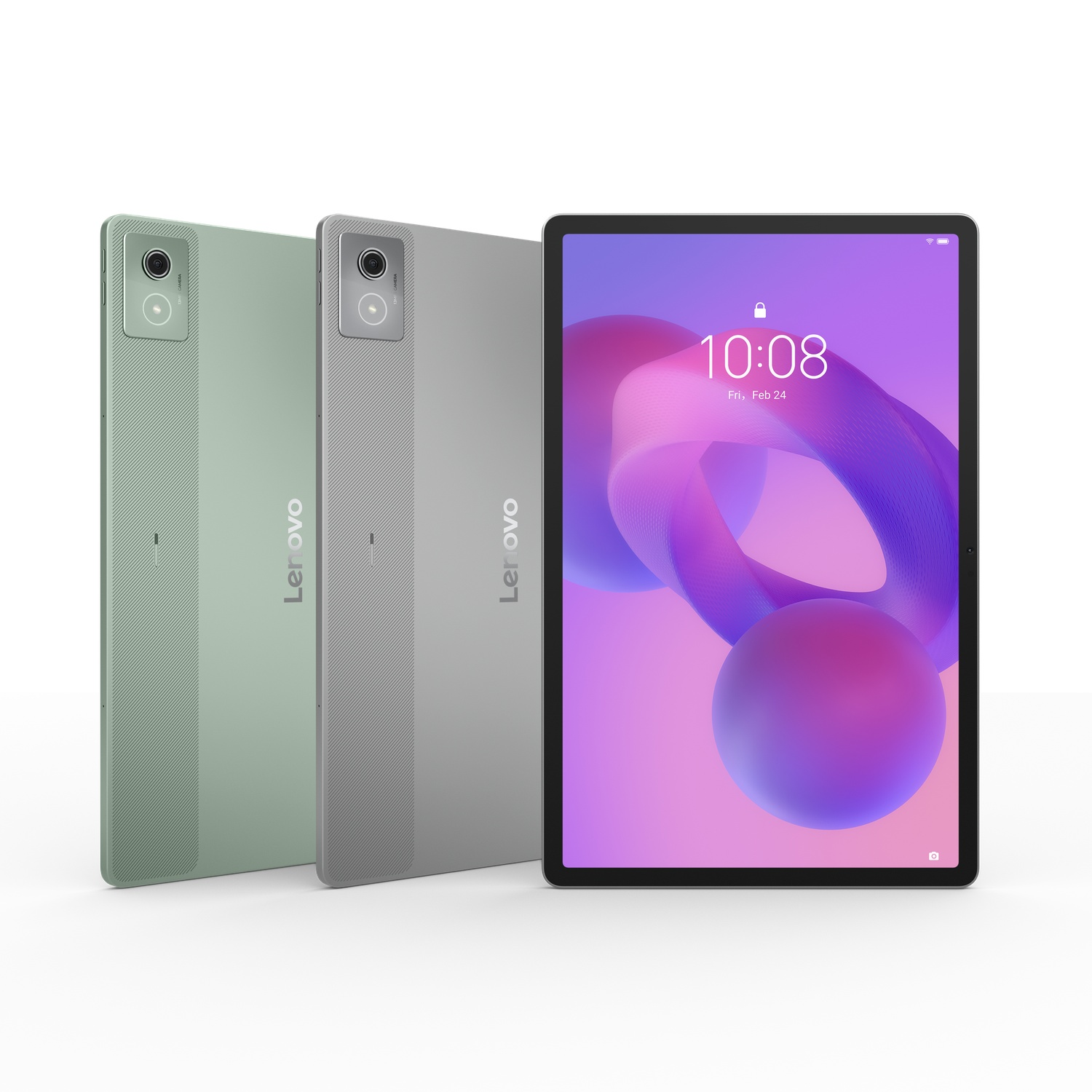 Three Lenovo tablets: green, gray, and a front-facing tablet displaying time and date, all on a white background.