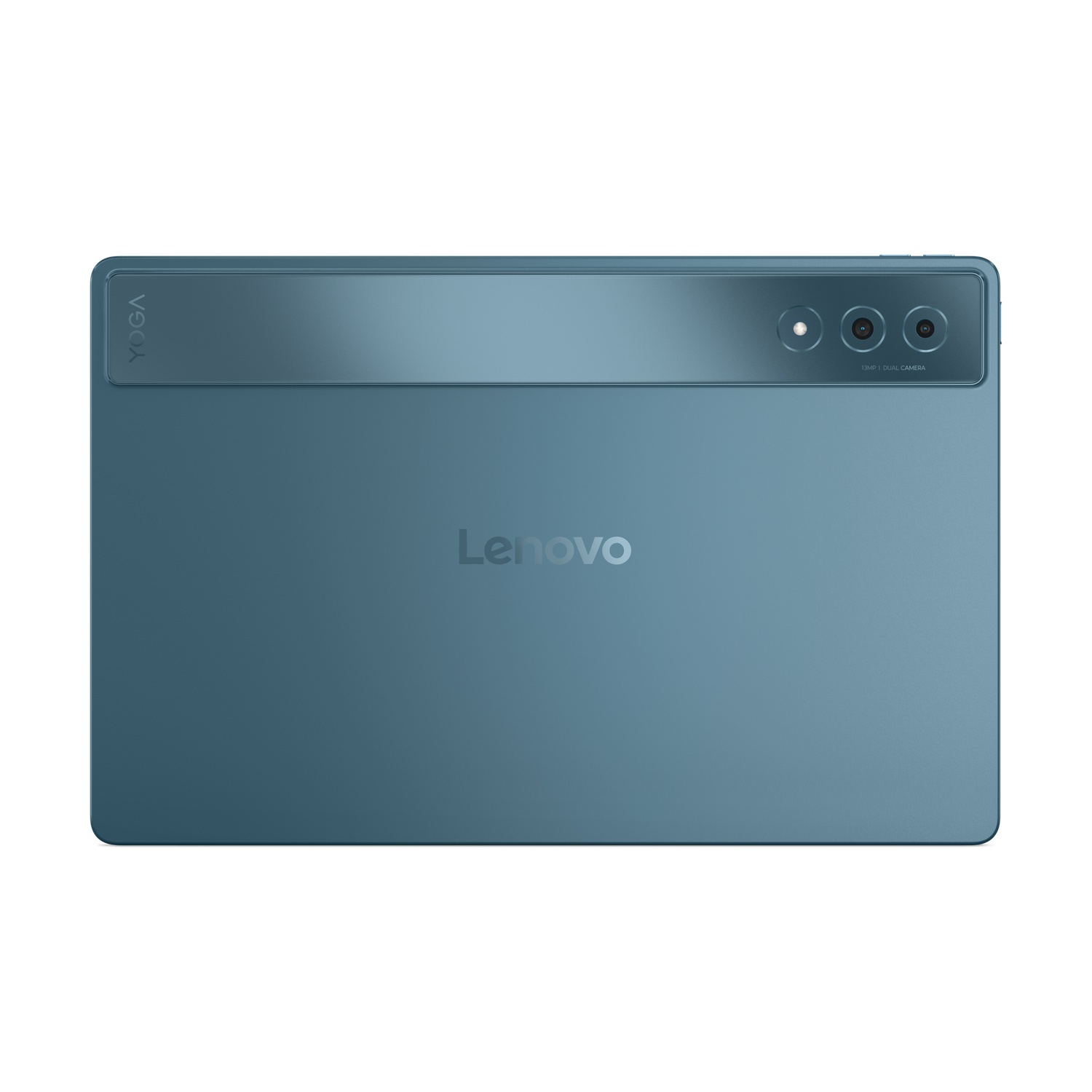 A teal tablet with a camera on the back and the Lenovo logo.