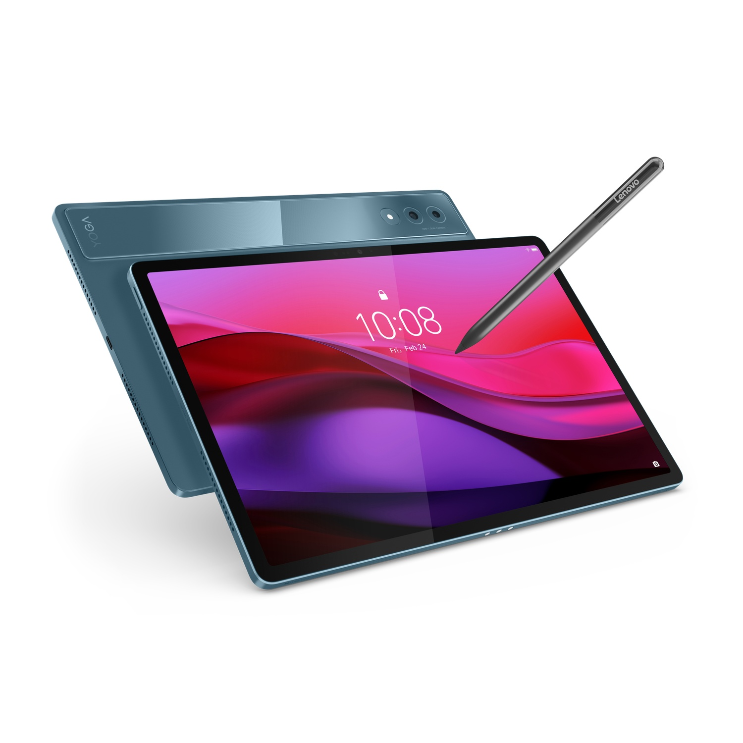 Blue tablet with stylus, showing a screen with time and a pink/purple background.