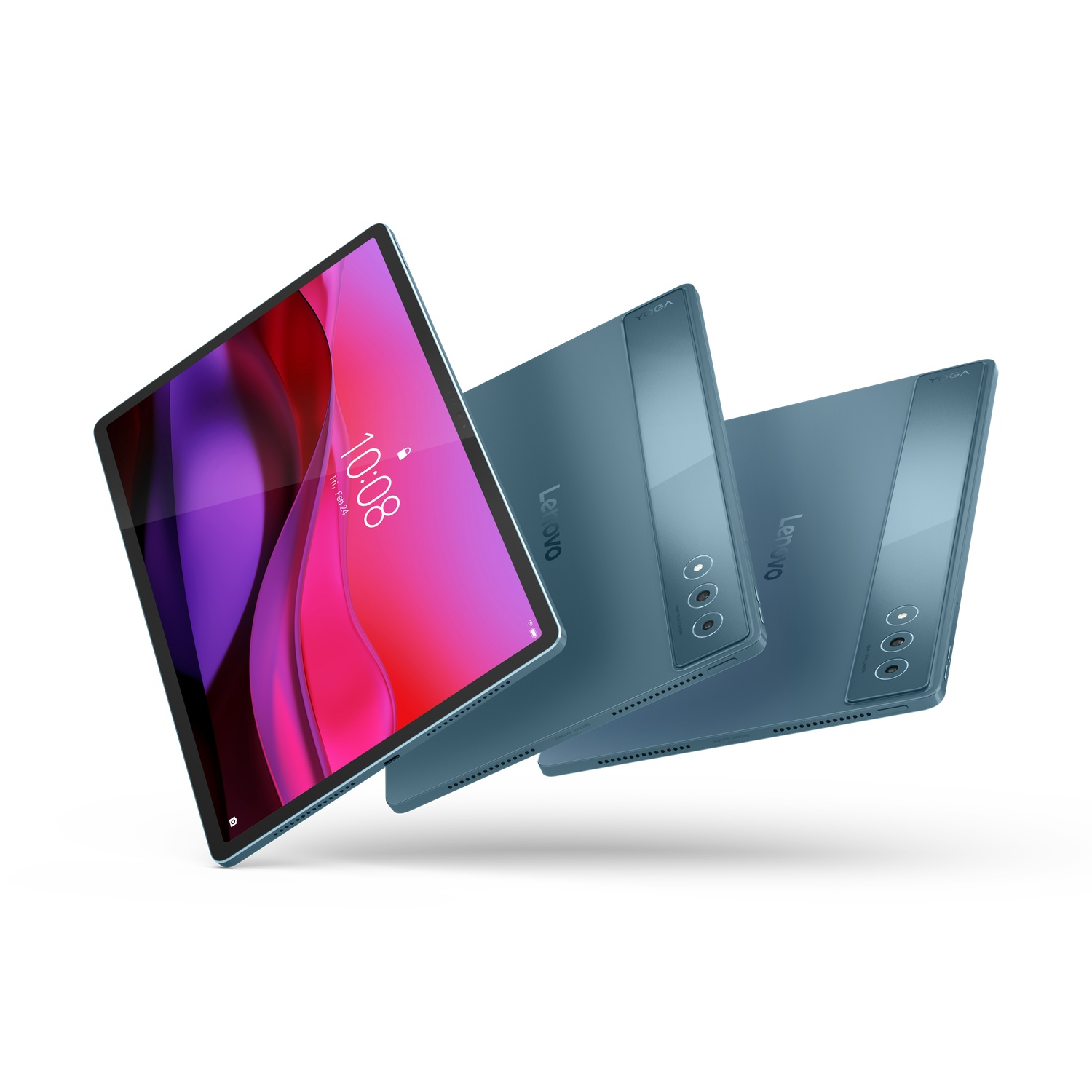 Three blue tablets are angled, the screen of the first shows a colorful interface with time display.