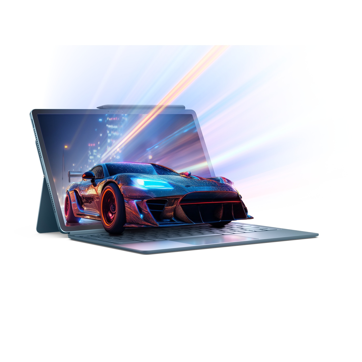 Laptop displaying a car on screen, with light streaks emanating from the car, on a white background.