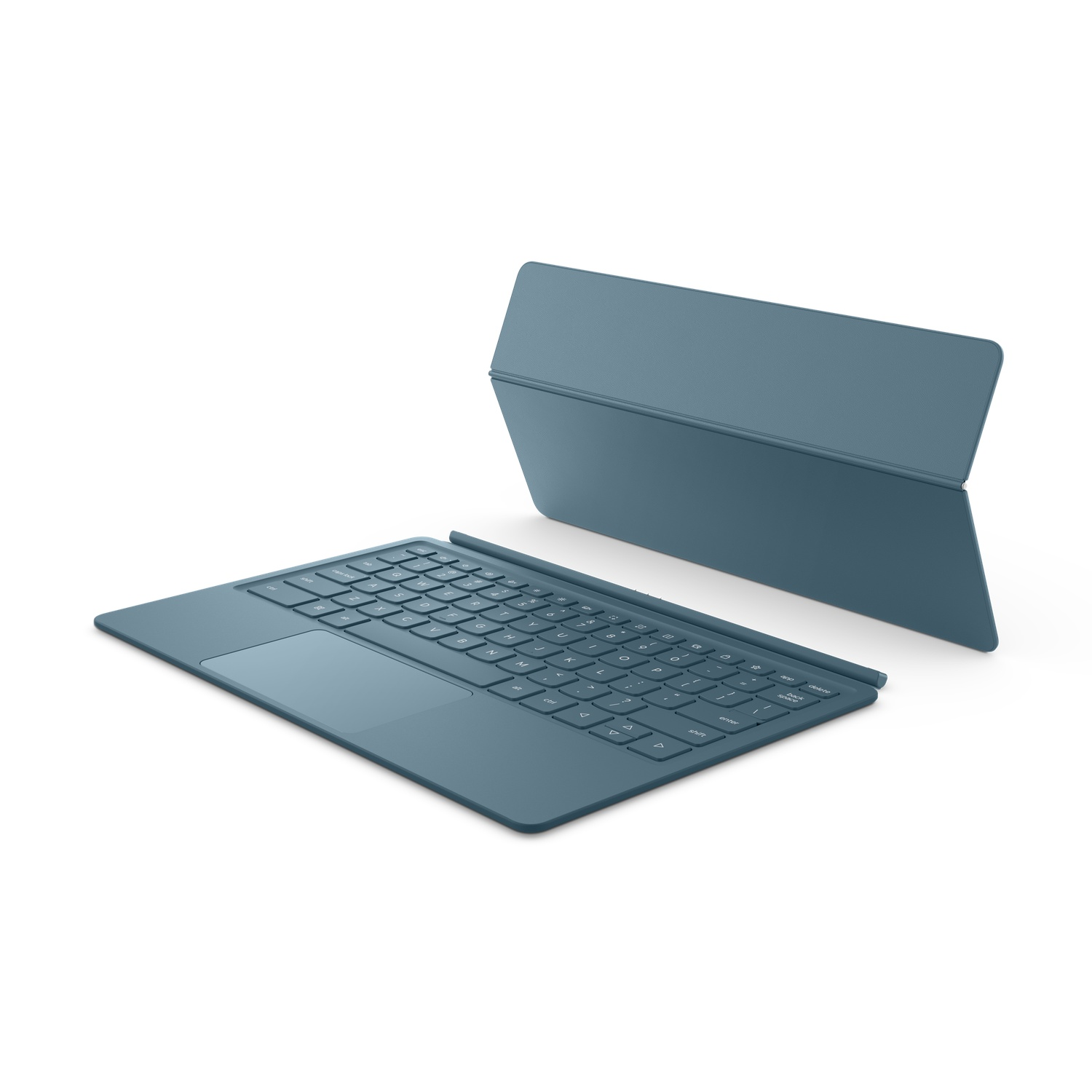 Blue keyboard and cover stand, on white background.