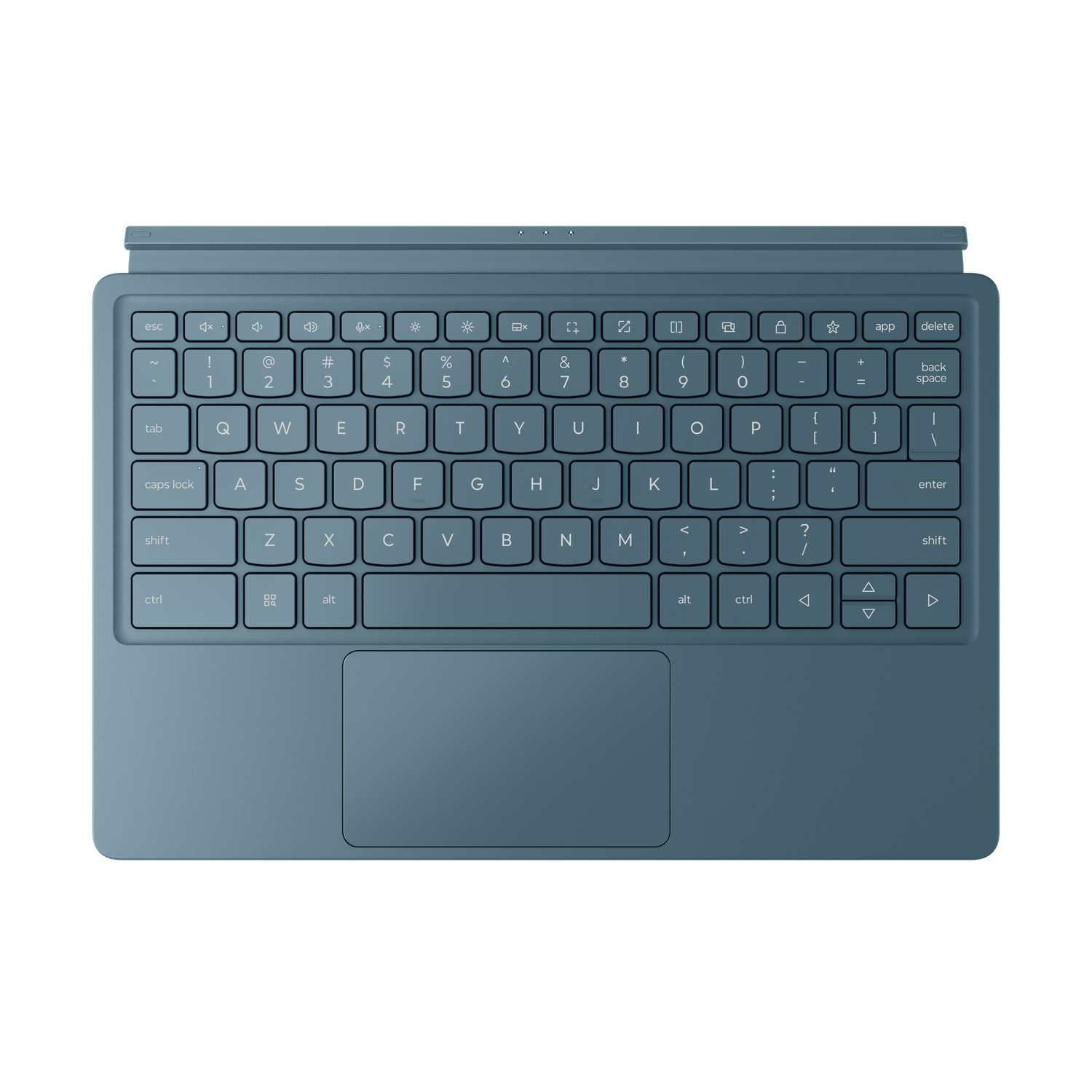 A teal-colored keyboard with a built-in touchpad, seen from a top-down perspective.
