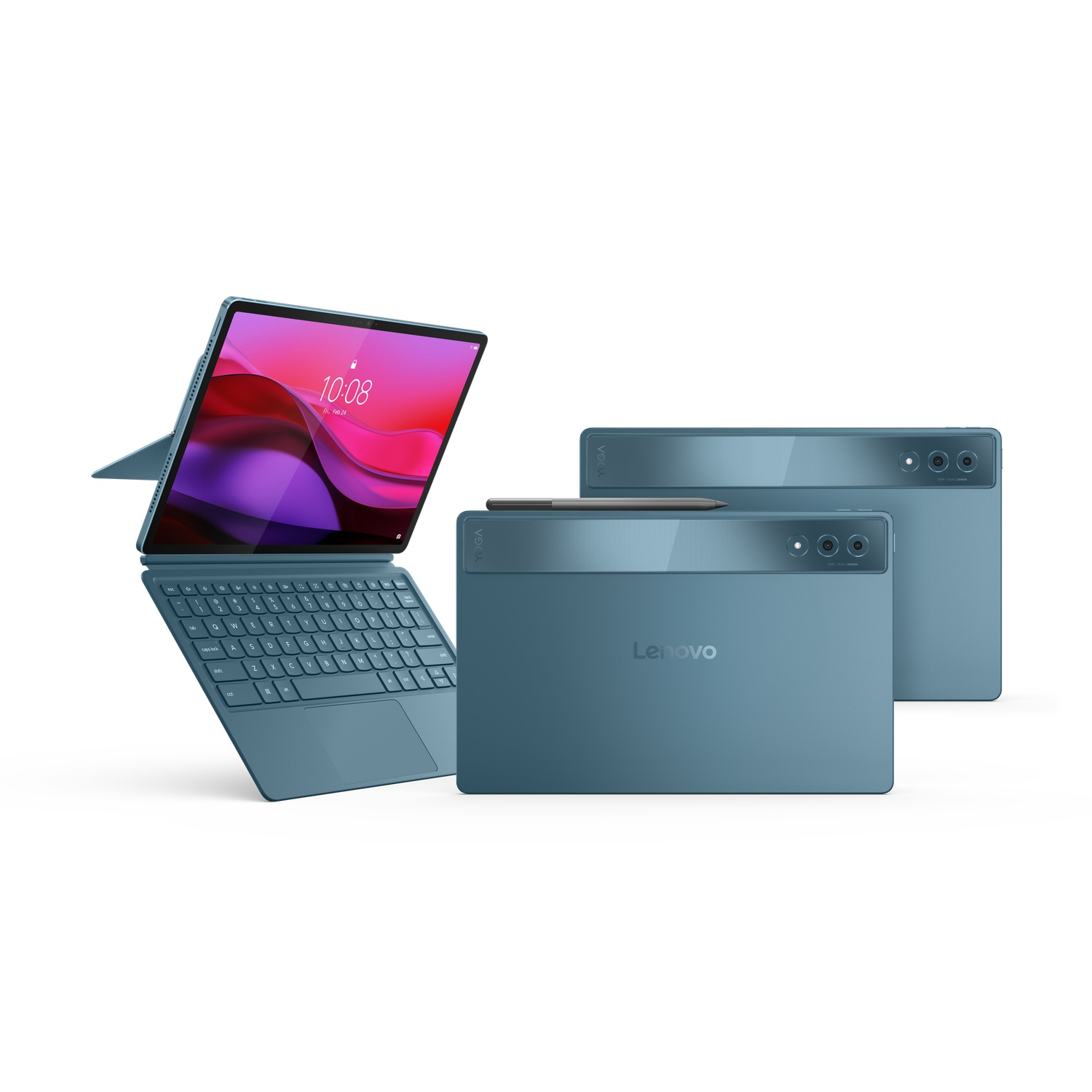 Blue tablet with keyboard and stylus pen. Two tablets on the white background.