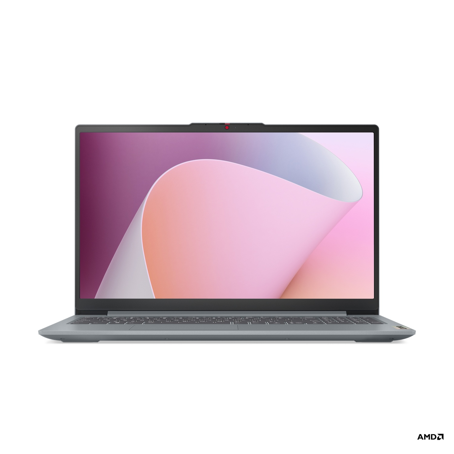 Een grijze laptop, met een roze en witte abstracte achtergrond, tegen een witte achtergrond.