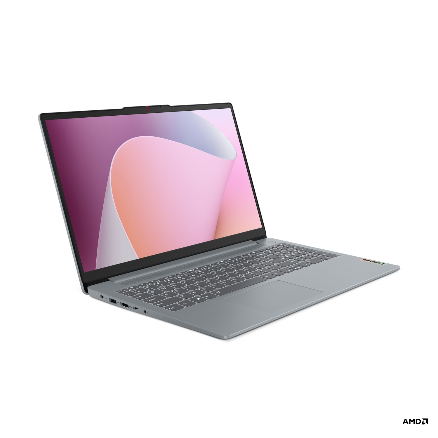 Grijze laptop met een lichtroze scherm en het AMD-logo.
