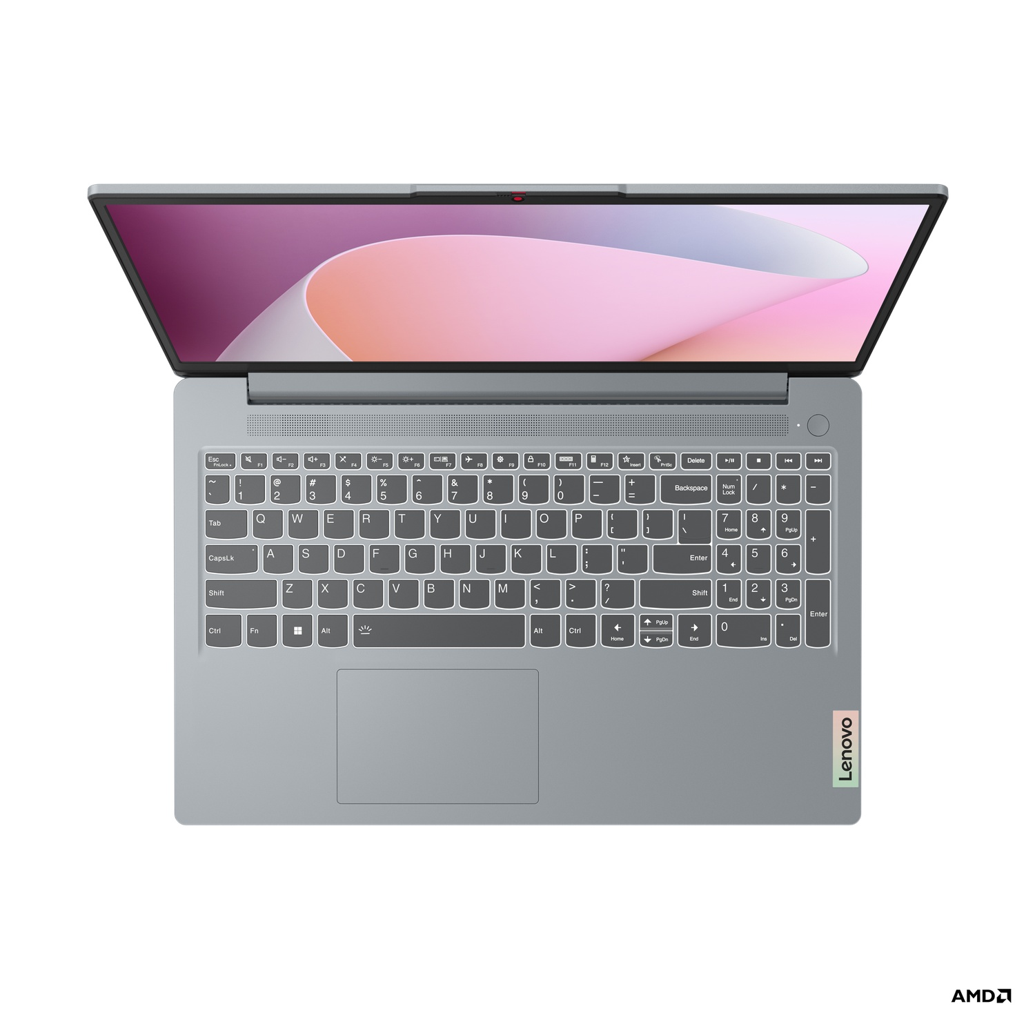 Laptop, open, bovenaanzicht. Toetsenbord, touchpad en scherm met een roze en wit ontwerp.