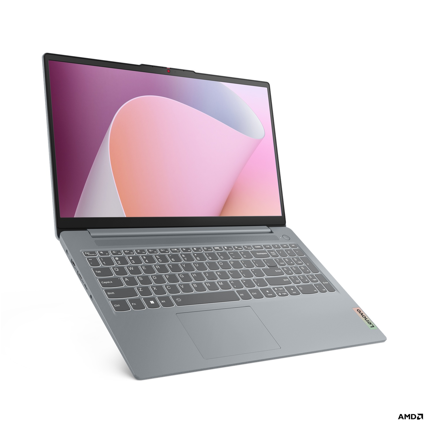Een grijze Lenovo laptop met een roze en witte schermachtergrond, iets schuin open.