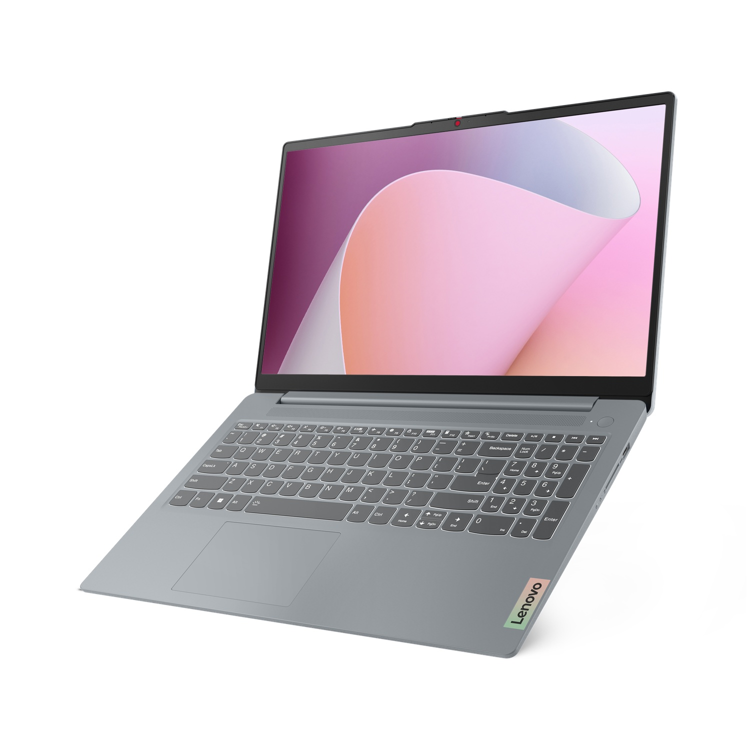 Een grijze laptop met een scherm met een roze en witte abstracte achtergrond. Hij staat op een wit oppervlak.