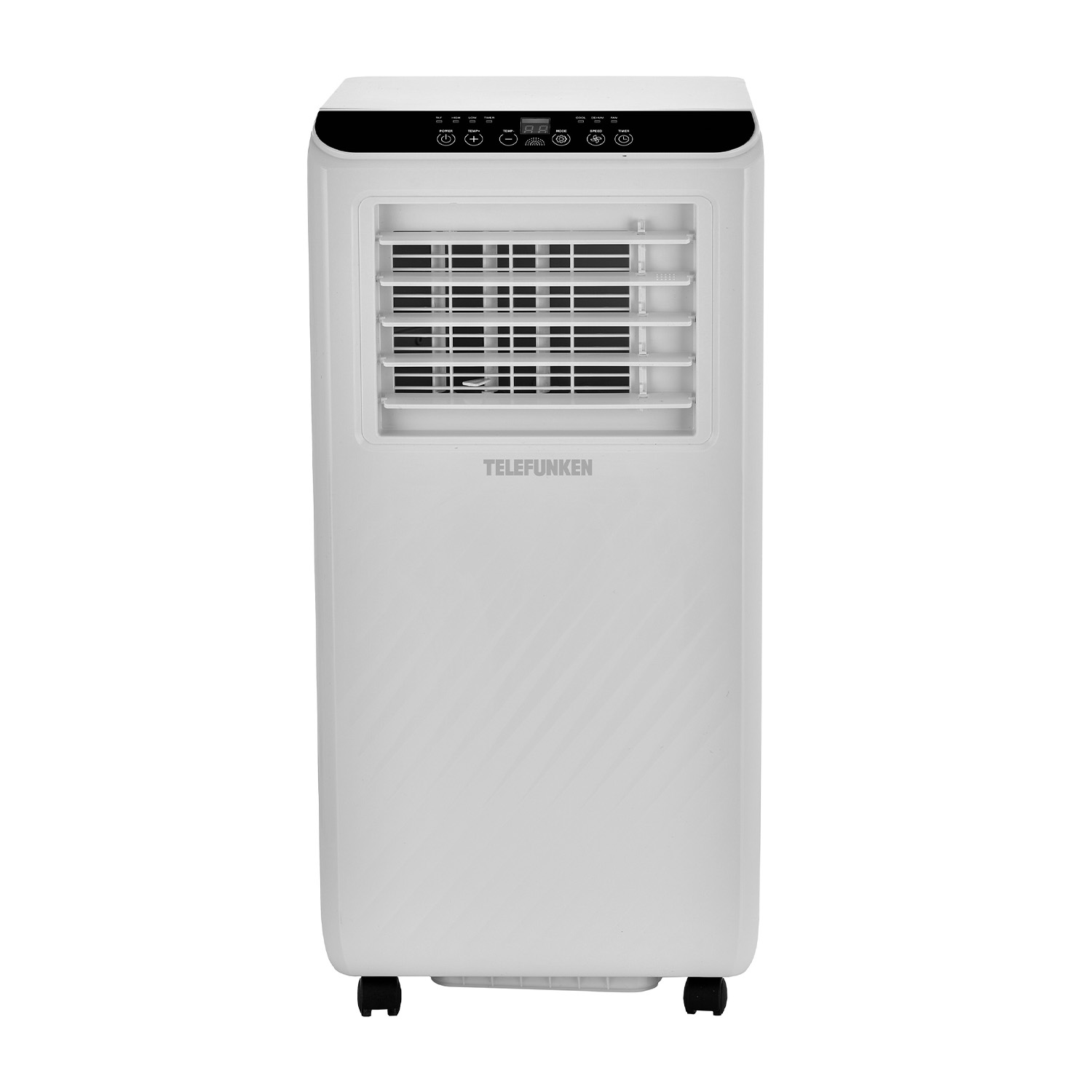 Condizionatore Telefunken bianco. Ha un pannello di controllo nella parte superiore, con prese d'aria e ruote.