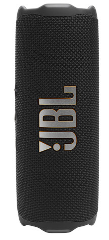 Czarny, cylindryczny głośnik przenośny ze słowem 'JBL'. Na białym tle.