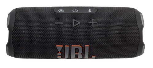 Czarny głośnik JBL z pomarańczowym logo JBL i przyciskami sterowania.