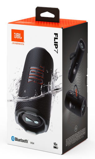 Czarny głośnik JBL Flip 7 w opakowaniu. Efekt rozprysku wody. Widok z boku pudełka pokazuje szczegóły produktu.