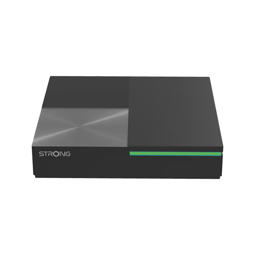 Schwarze Strong Set-Top-Box mit silberner Oberseite und grünem Licht.
