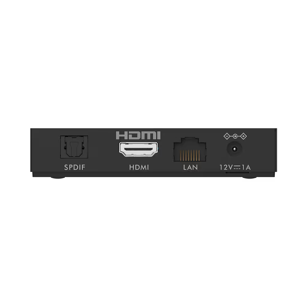 Schwarzes Gerät mit Anschlüssen: SPDIF, HDMI, LAN und Strom. Schwarzer Hintergrund.