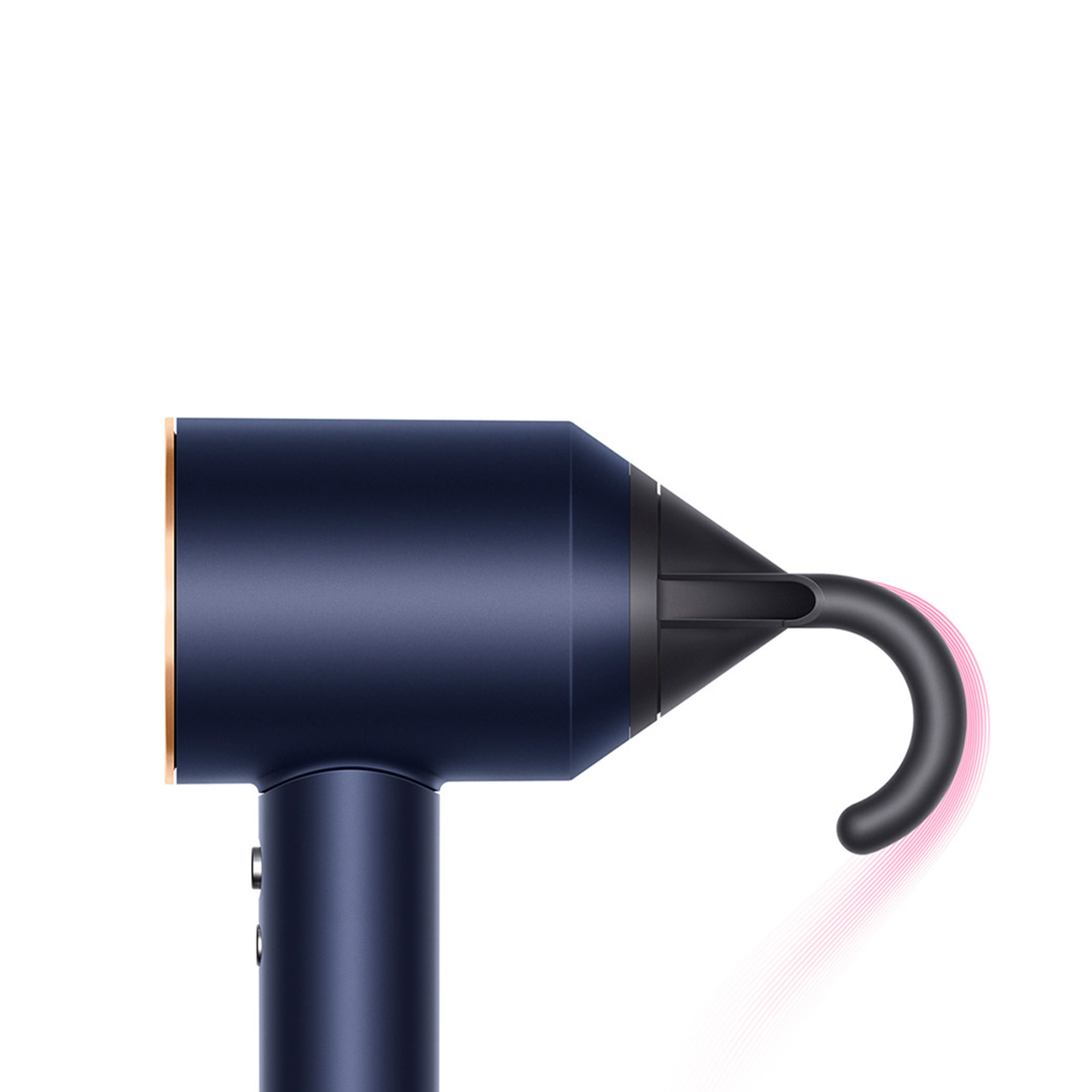 Niebiesko-złota suszarka do włosów z zakrzywioną dyszą. Tło jest białe.