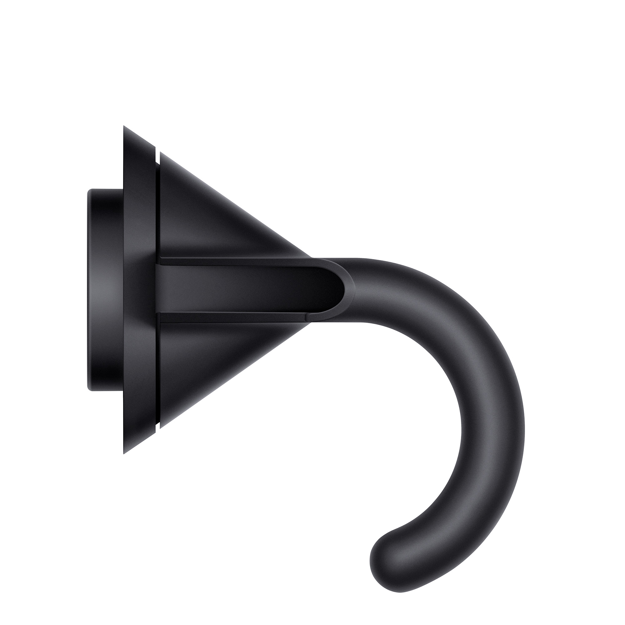 Czarny zakrzywiony element do suszarki do włosów. Tło jest białe.