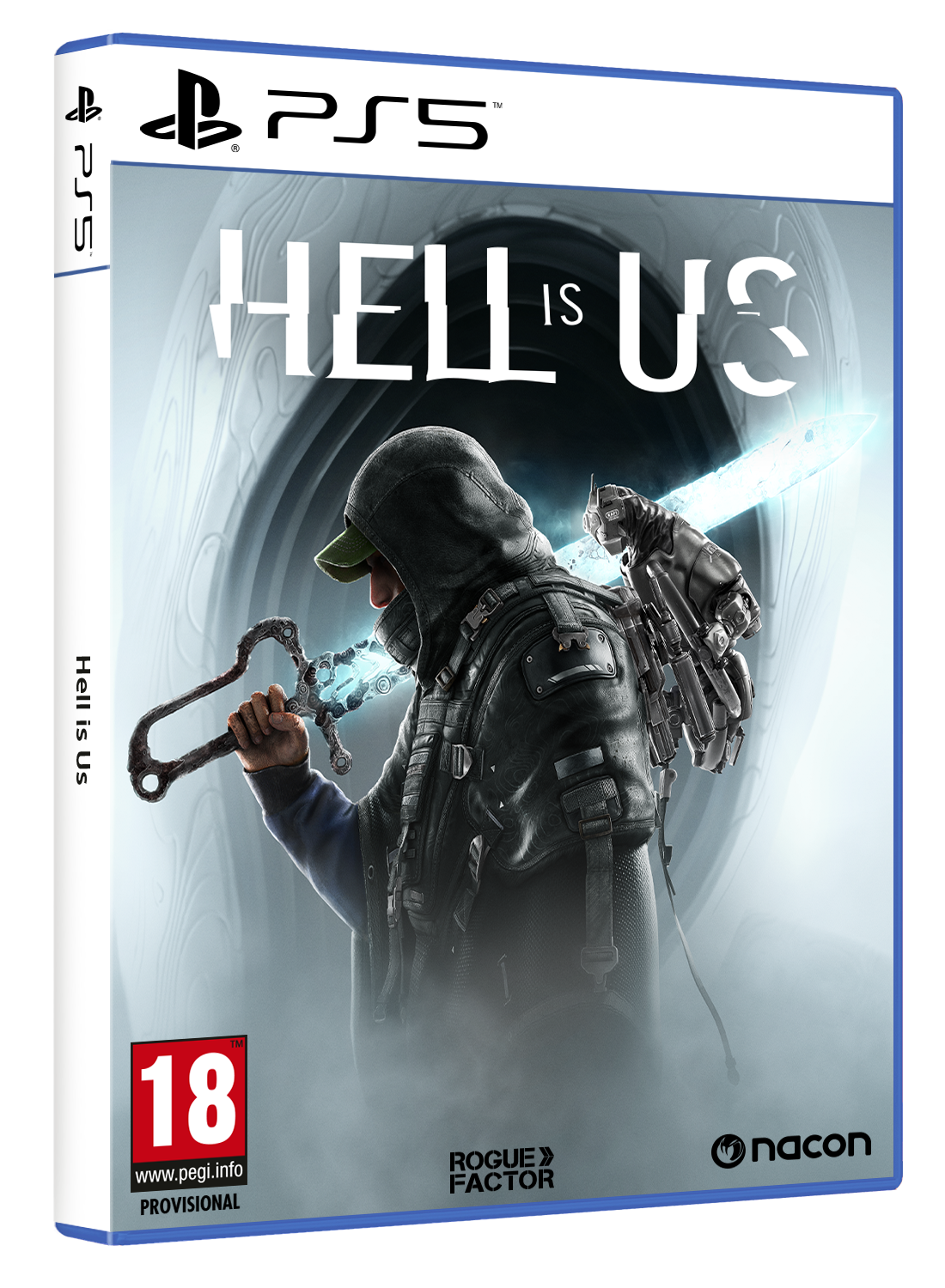 Portada del juego PS5. Una figura encapuchada sostiene dos espadas. Título 'HELL IS US'. Blanco.