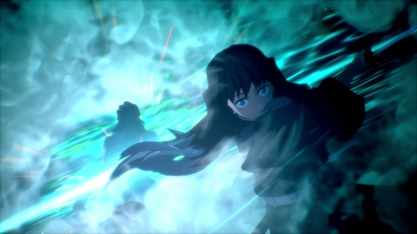 Personaje de anime con efectos azules. Un segundo personaje en el fondo.