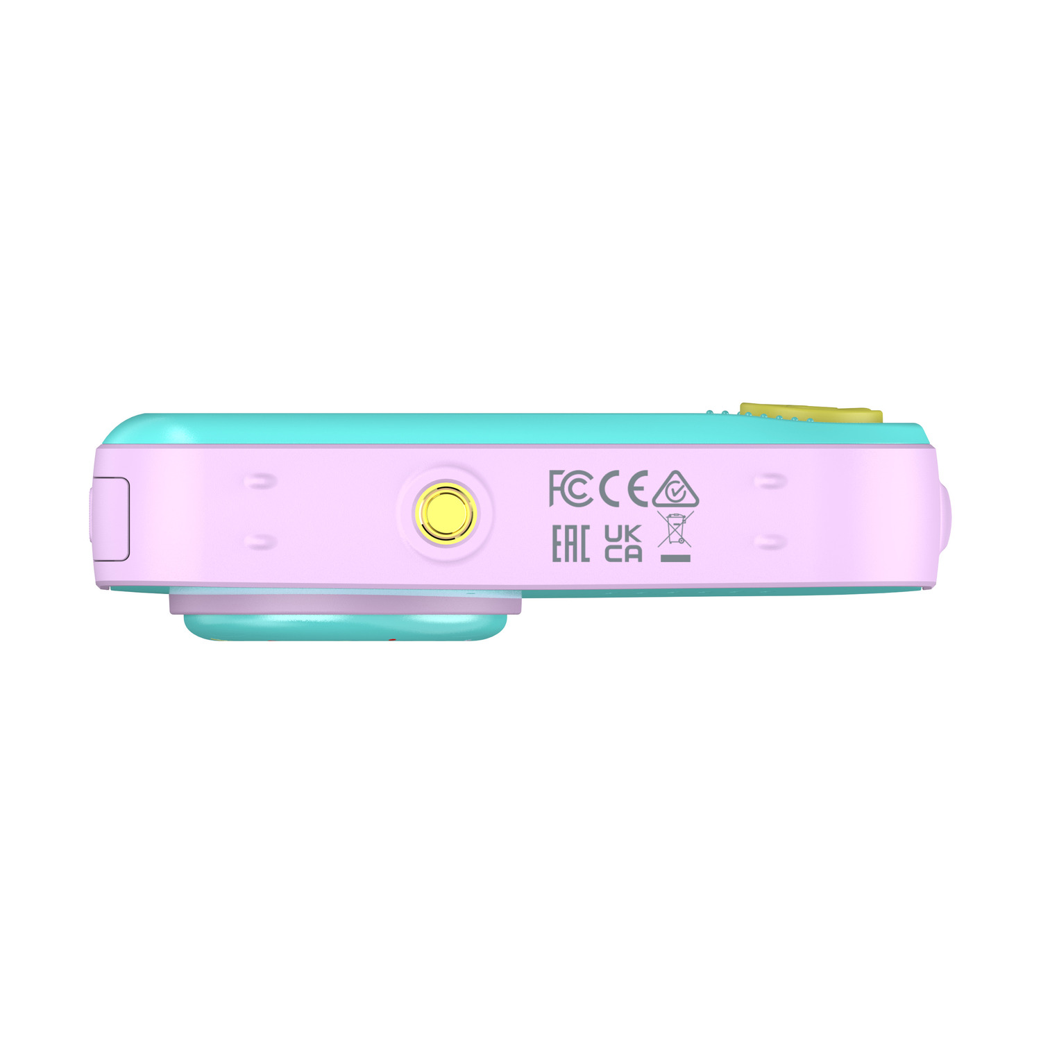 Fotocamera digitale rosa e blu. Pulsante giallo in alto. Marchi FCC, CE e UKCA.