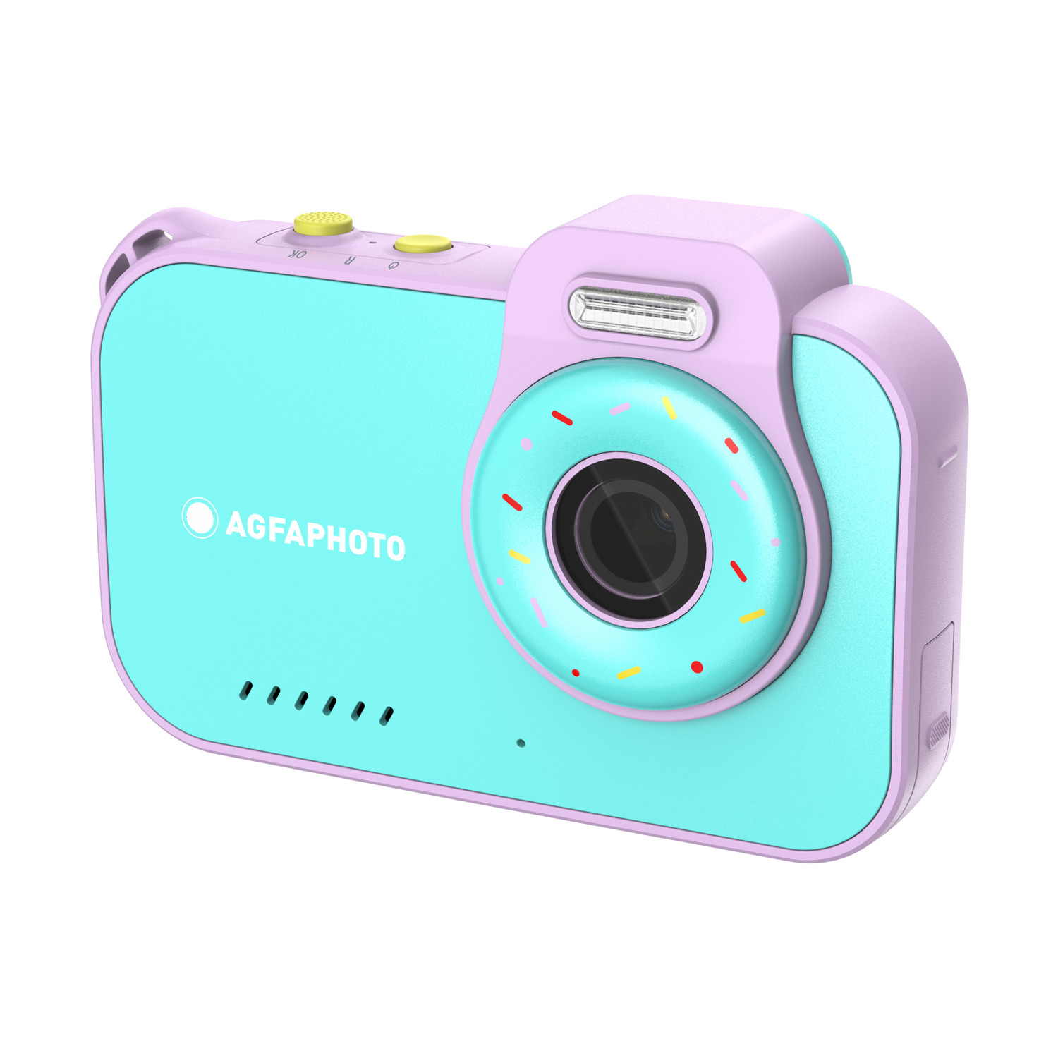 Fotocamera giocattolo turchese e rosa con obiettivo a forma di ciambella, marchio AGFA.